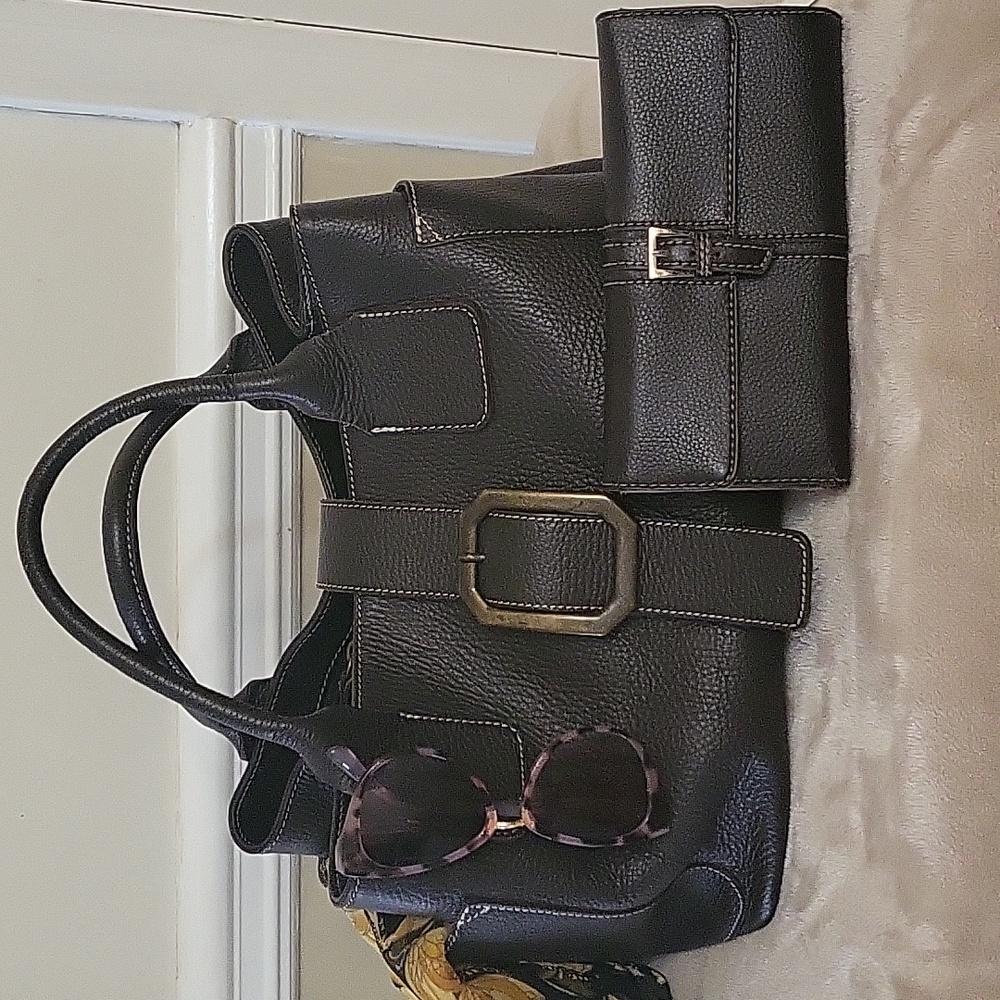 Guia's Dark Brown Pebbled Genuine Leather Satchel Wallet Included
